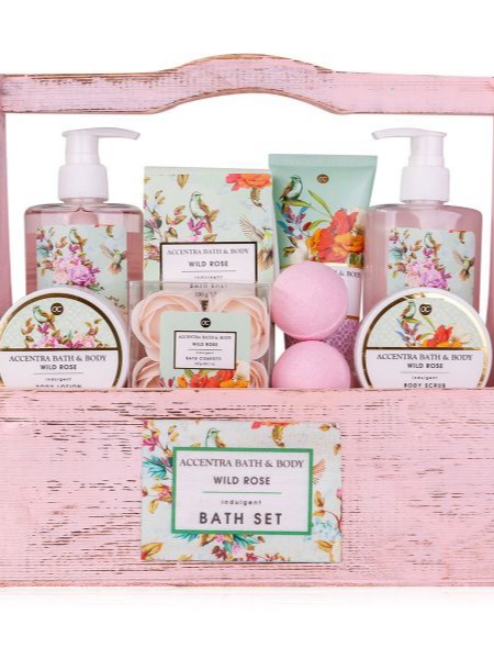 Ξύλινο καλάθι με 2*240ml αφρόλουτρο, bubble bath, bath salt, λοσιόν & fizzer, Vintage - Accentra