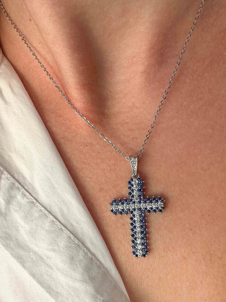 Silver cross necklace with zircons Silver-Blue Elephantina