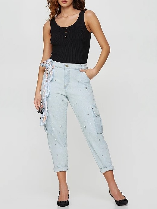 Παντελόνι τζιν Cargo με στρας Light Blue Lynne
