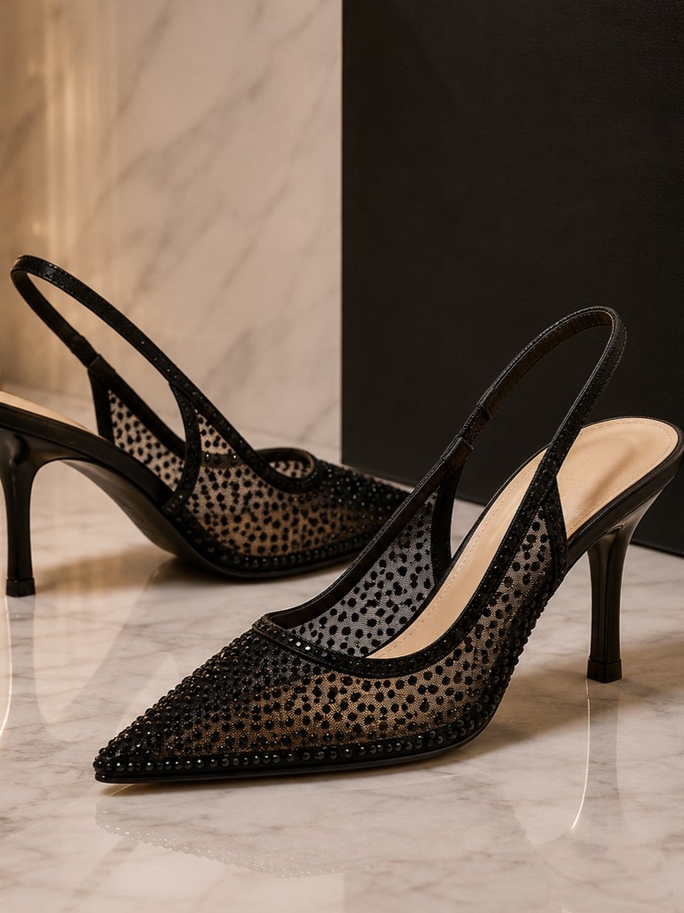 Black slingback heels with slides and rhinestones Tsoukalas