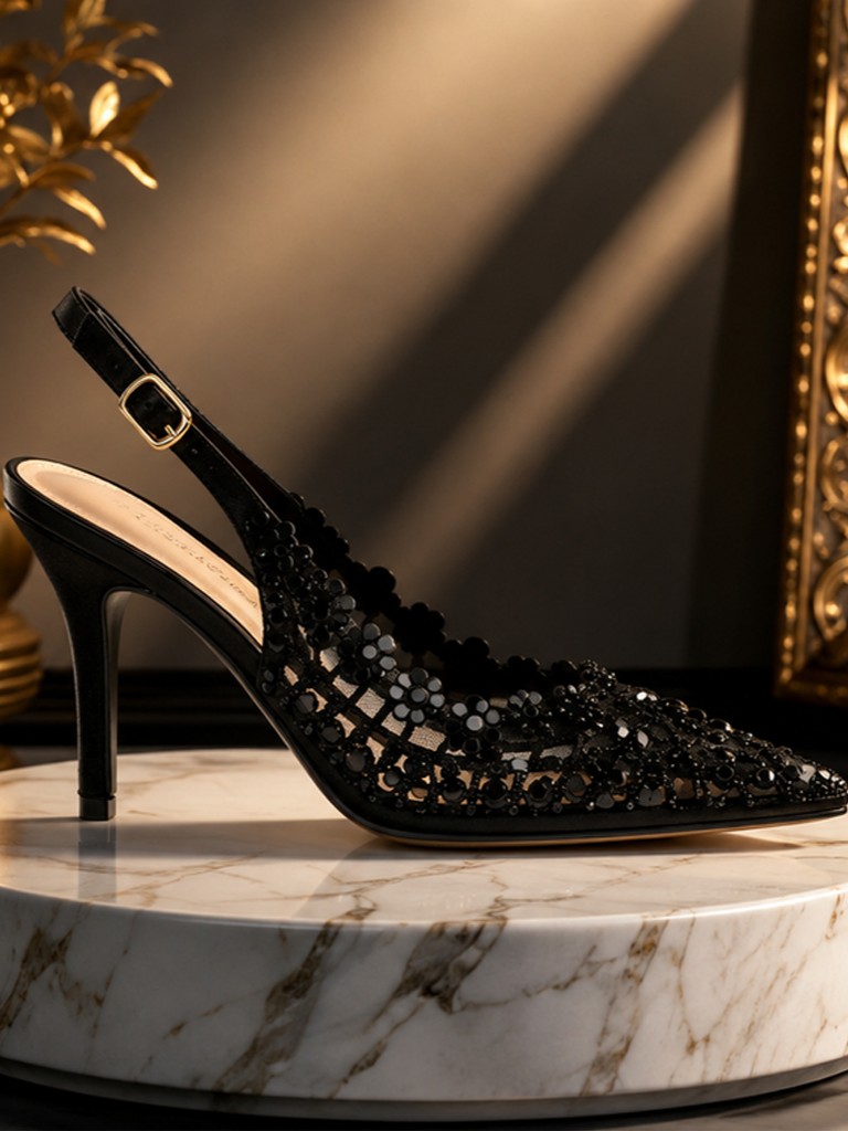 Black heels with rhinestone flowers Tsoukalas