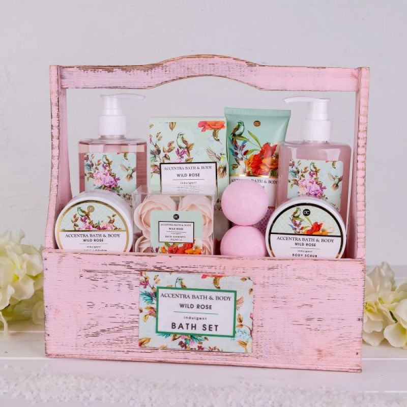 Ξύλινο καλάθι με 2*240ml αφρόλουτρο, bubble bath, bath salt, λοσιόν & fizzer, Vintage - Accentra