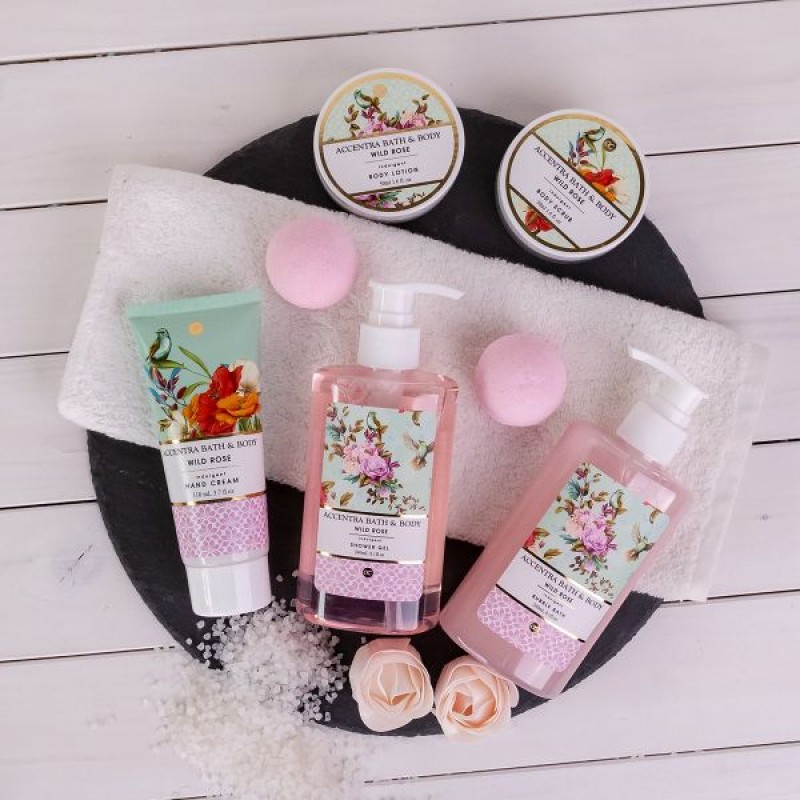 Ξύλινο καλάθι με 2*240ml αφρόλουτρο, bubble bath, bath salt, λοσιόν & fizzer, Vintage - Accentra