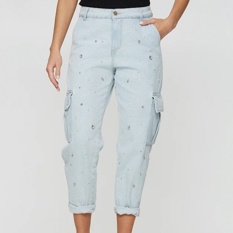 Παντελόνι τζιν Cargo με στρας Light Blue Lynne
