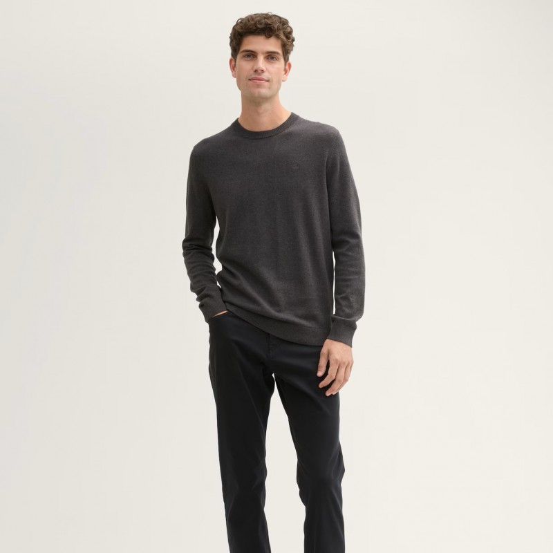 Πλεκτό πουλόβερ Basic Logo Crewneck Black Grey Melange Tom Tailor