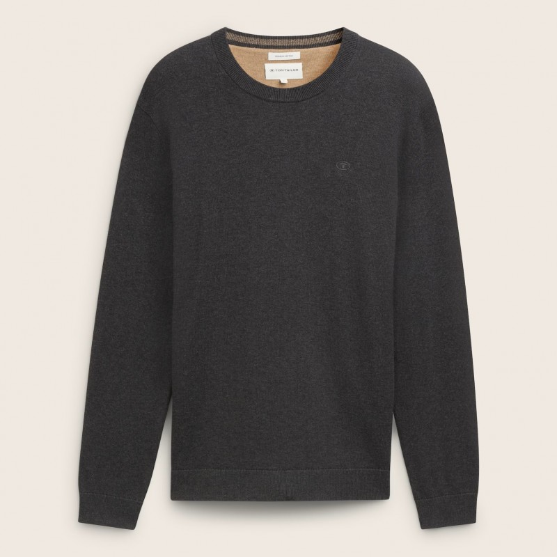 Πλεκτό πουλόβερ Basic Logo Crewneck Black Grey Melange Tom Tailor