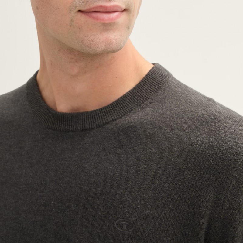Πλεκτό πουλόβερ Basic Logo Crewneck Black Grey Melange Tom Tailor