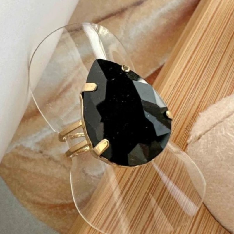 Teardrop steel ring black monostone Golden Elephantina