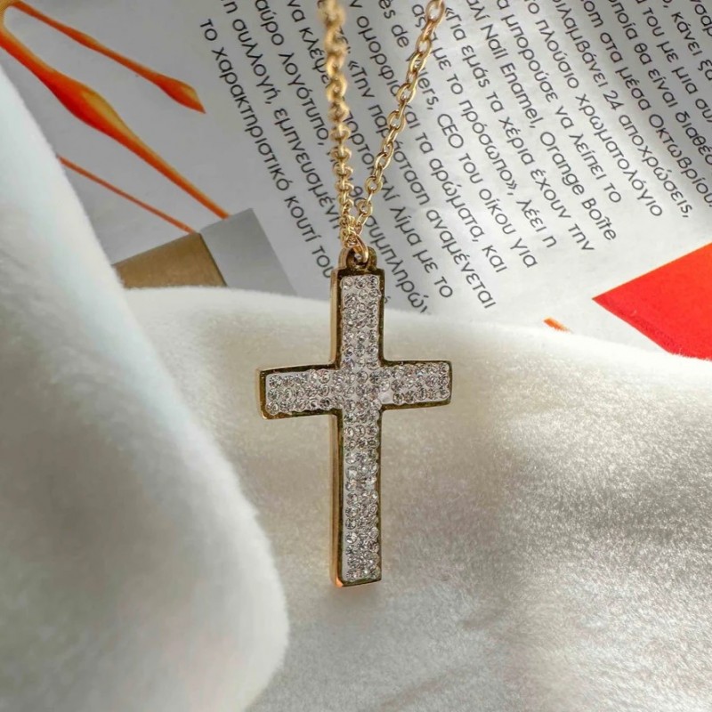Steel gold-plated cross with zircons Golden Elephantina
