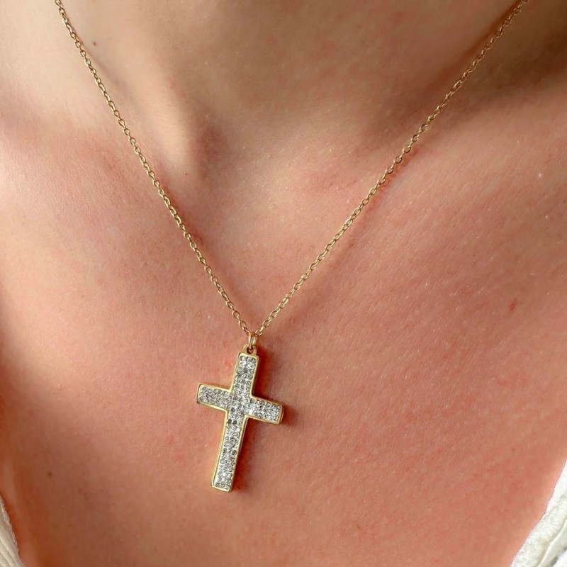 Steel gold-plated cross with zircons Golden Elephantina