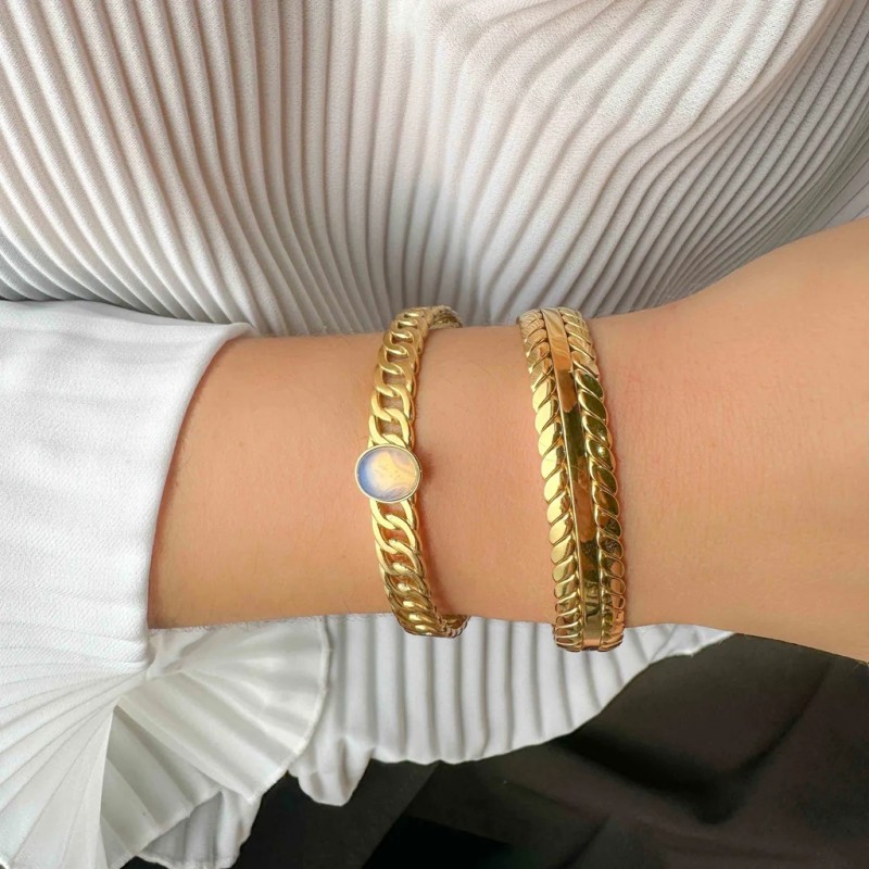 Handcuff bracelet with braiding of gold-plated steel and opal stone Golden Elephantina