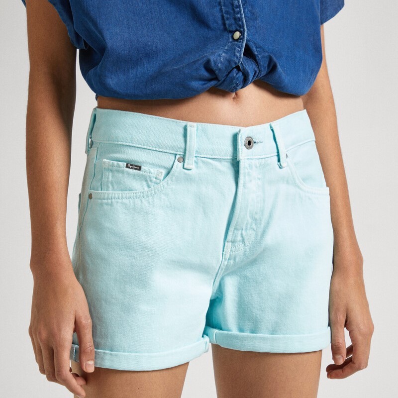 Shorts Straight Denim High Waist Aqua Blue Pepe Jeans