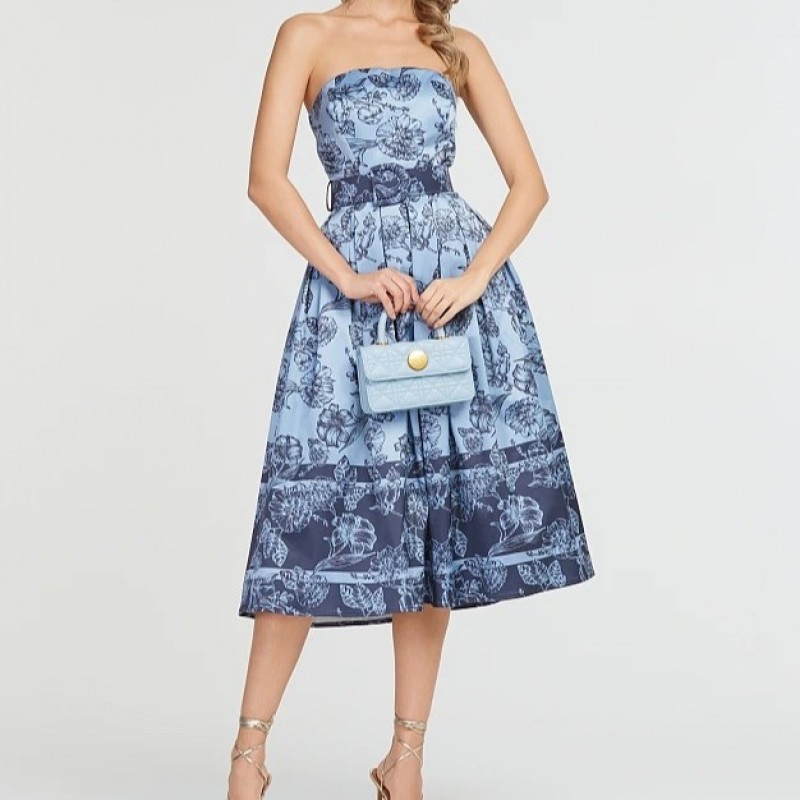 Printed Strapless Midi Dress Blue Lynne