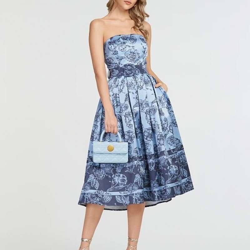 Printed Strapless Midi Dress Blue Lynne