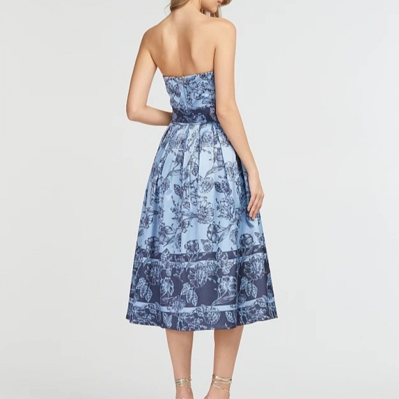 Printed Strapless Midi Dress Blue Lynne
