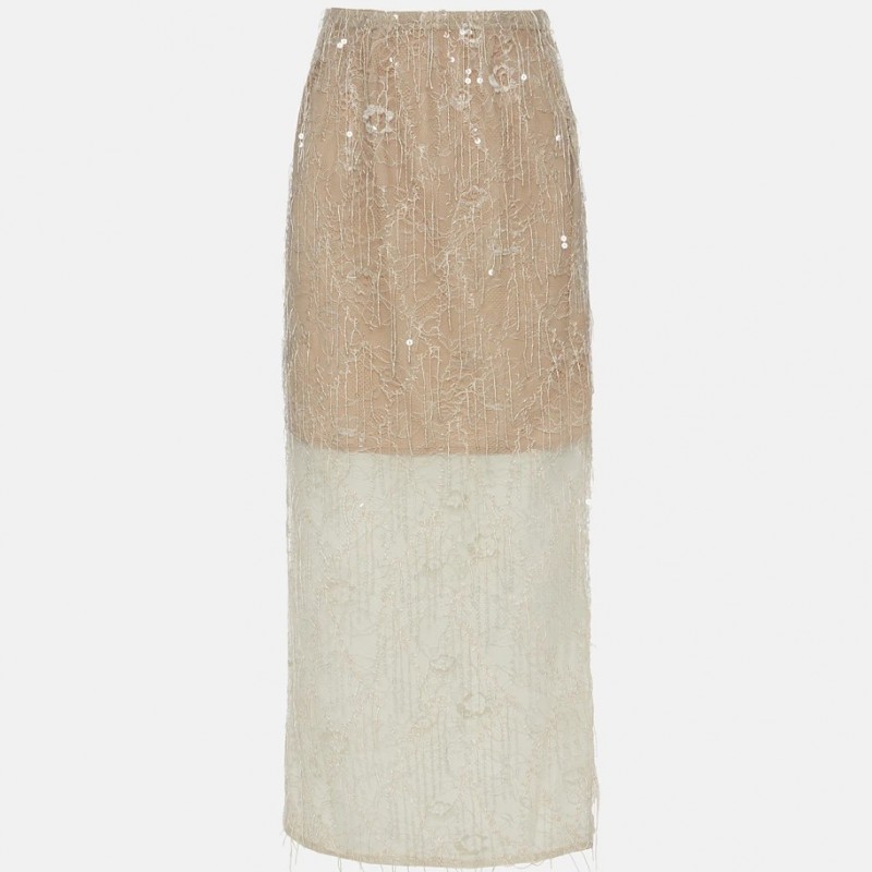 Φούστα μίντι από δαντέλα και παγιέτες beige Lynne