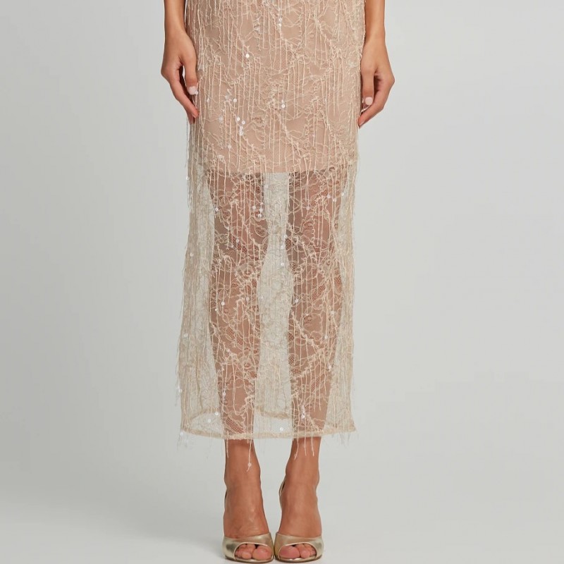 Φούστα μίντι από δαντέλα και παγιέτες beige Lynne