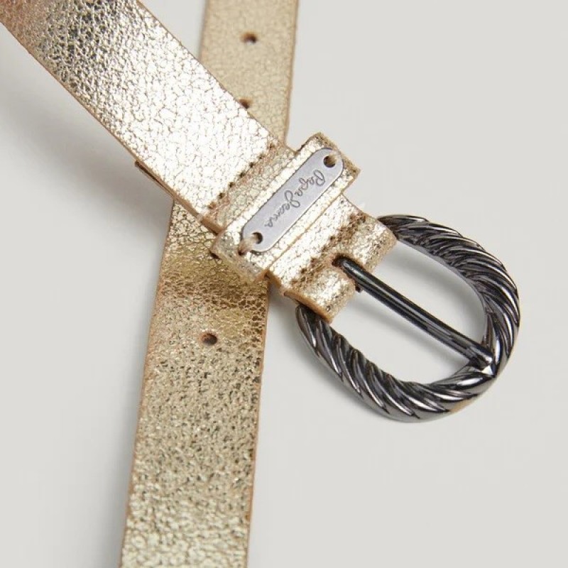 Ζώνη δερμάτινη με μεταλλική όψη Halseymet Golden Pepe Jeans