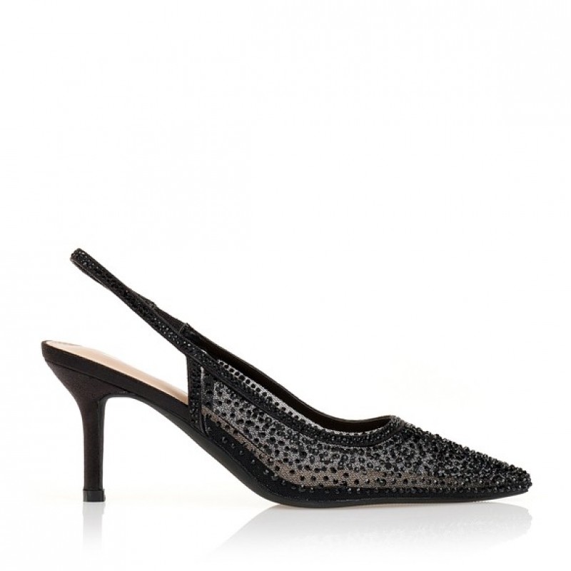 Γόβες slingback μαύρες με διαφάνειες και στρας Black Tsoukalas