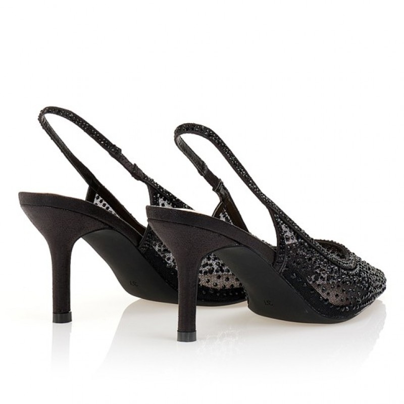 Γόβες slingback μαύρες με διαφάνειες και στρας Black Tsoukalas