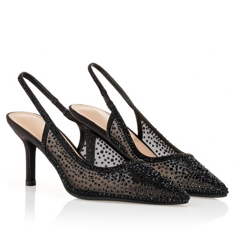 Γόβες slingback μαύρες με διαφάνειες και στρας Black Tsoukalas