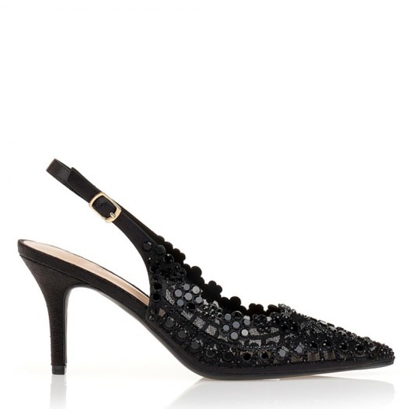 Black heels with rhinestone flowers Tsoukalas