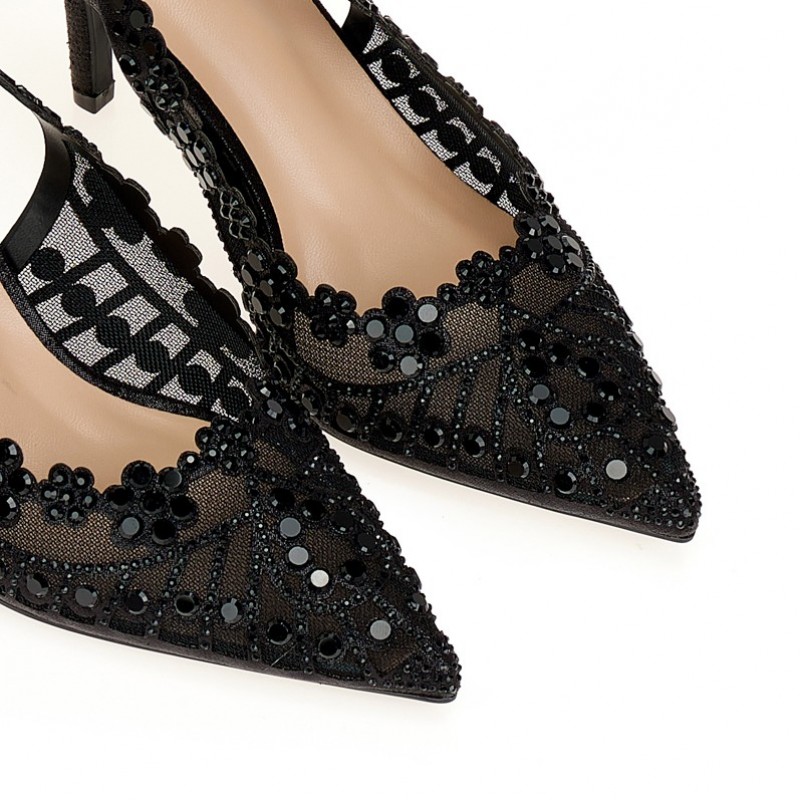 Black heels with rhinestone flowers Tsoukalas