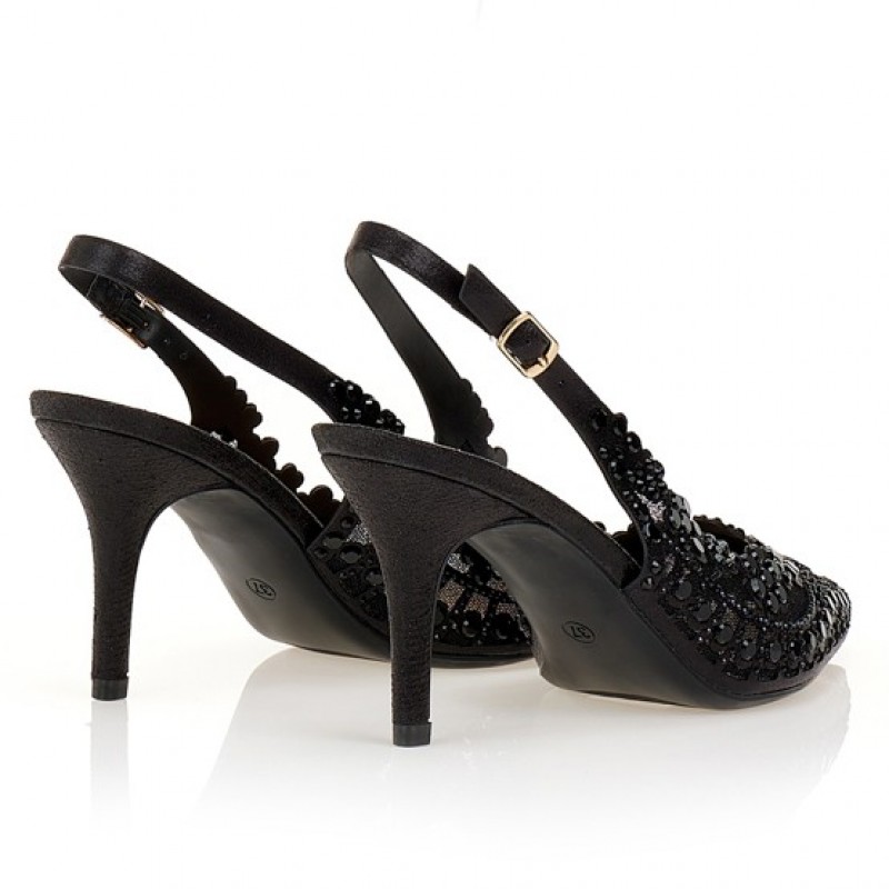 Black heels with rhinestone flowers Tsoukalas