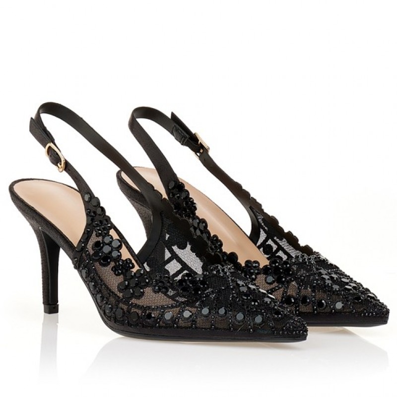 Black heels with rhinestone flowers Tsoukalas