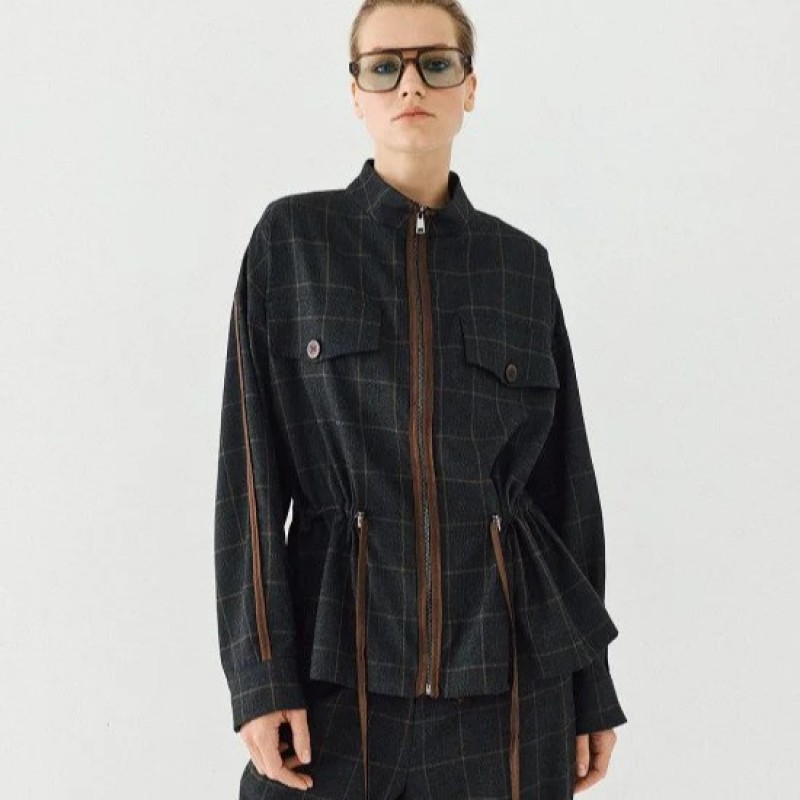 Checked jacket with drawstrings at the waist Brown Access