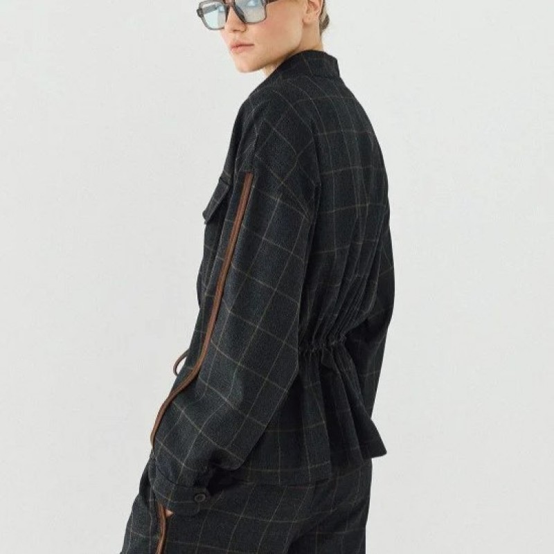 Checked jacket with drawstrings at the waist Brown Access