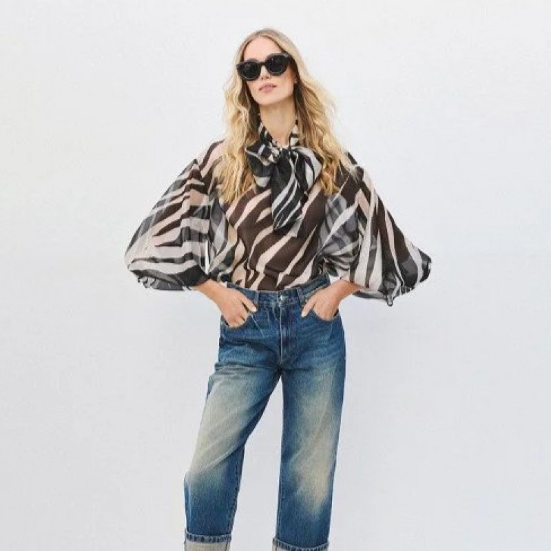 Animal print blouse with tie Balck-White Access