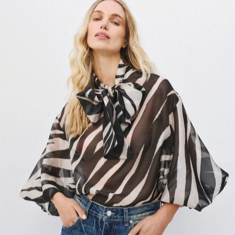 Animal print blouse with tie Balck-White Access