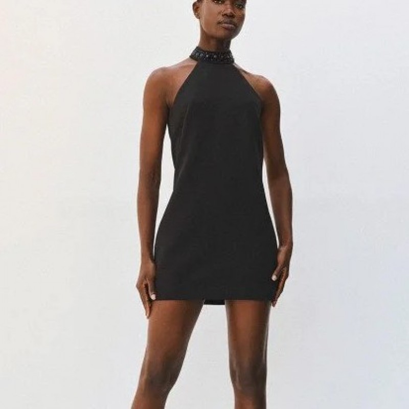 Mini halter dress with embroidered stones Black Access