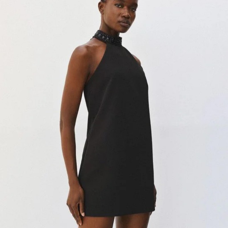 Mini halter dress with embroidered stones Black Access
