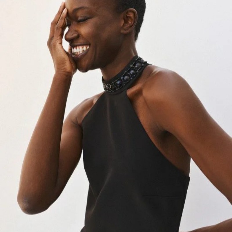 Mini halter dress with embroidered stones Black Access