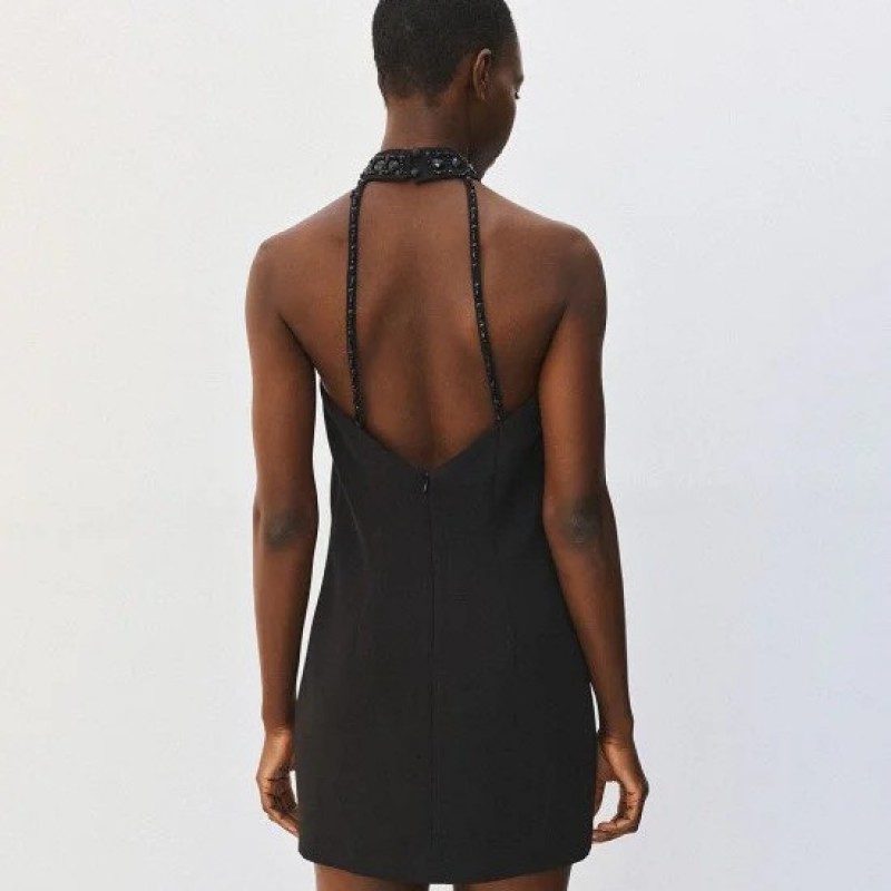 Mini halter dress with embroidered stones Black Access