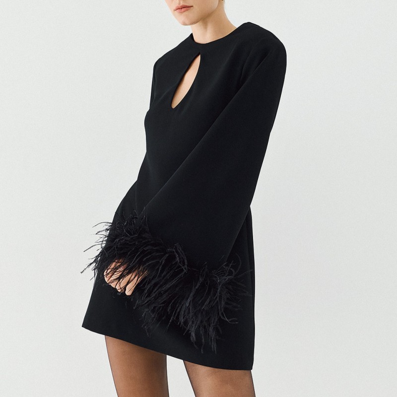 Mini dress with teardrop opening at front and feathers on the sleeve Black Access