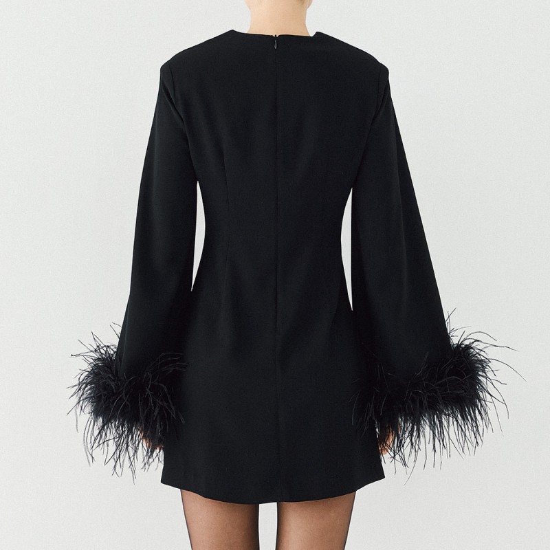 Mini dress with teardrop opening at front and feathers on the sleeve Black Access