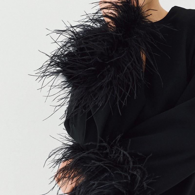 Mini dress with teardrop opening at front and feathers on the sleeve Black Access
