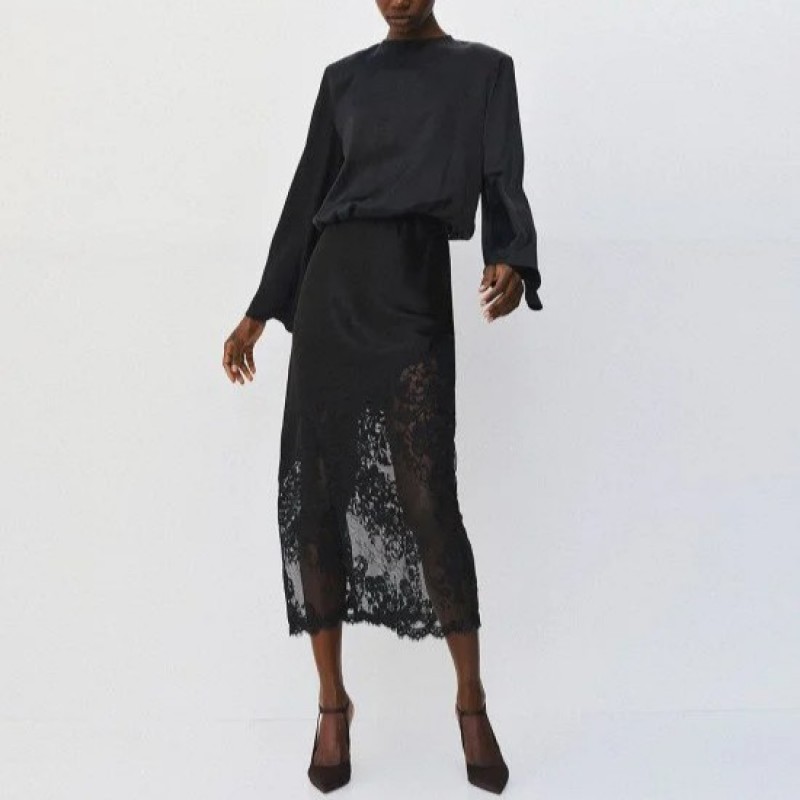 Satin midi skirt with lace Black Access
